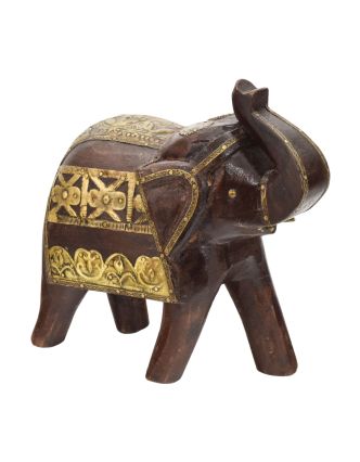 Dřevěný slon, zdobený mosazí, 21cm