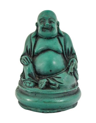 Buddha, smějící, tyrkysový, pryskyřice, 8cm
