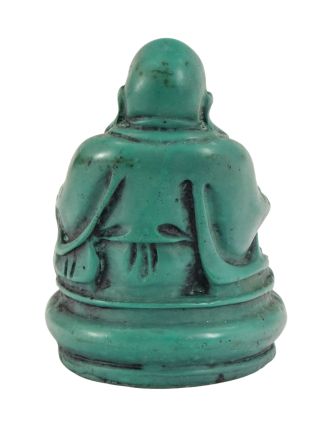 Buddha, smějící, tyrkysový, pryskyřice, 8cm