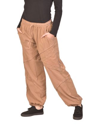 Unisex balonové kalhoty bavlněné, světle hnědé, kapsy, guma a sňůrka v pase