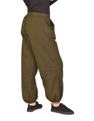 Unisex balonové kalhoty bavlněné, khaki zelená, kapsy, guma a sňůrka v pase