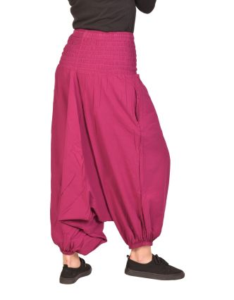 Turecké kalhoty bavlněné, fuchsiové, kapsy, guma a žabičkování v pase
