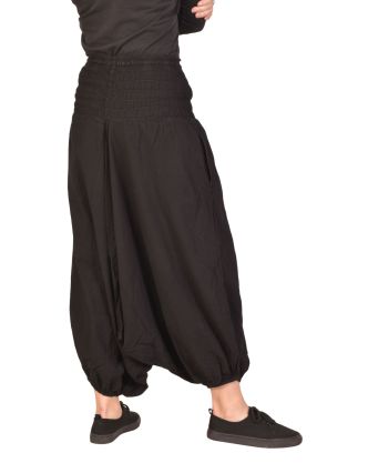 Turecké kalhoty bavlněné, černé, kapsy, guma a žabičkování v pase