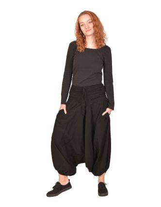 Turecké kalhoty bavlněné, černé, kapsy, guma a žabičkování v pase