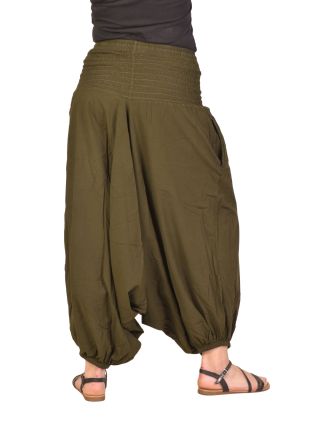 Turecké kalhoty bavlněné, khaki zelené, kapsy, guma a žabičkování v pase