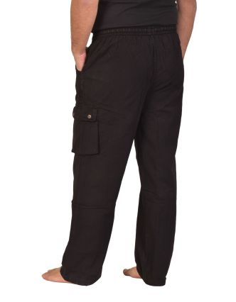 Bavlněné černé kalhoty, boční kapsy, guma a šňůrka v pase