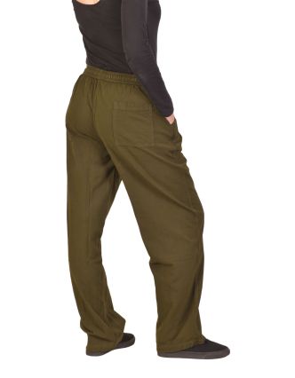 Unisex volné kalhoty bavlněné khaki zelené, kapsy, guma a šňůrka v pase