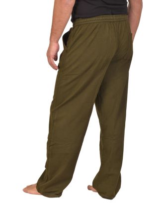 Unisex volné kalhoty bavlněné khaki zelené, kapsy, guma a šňůrka v pase