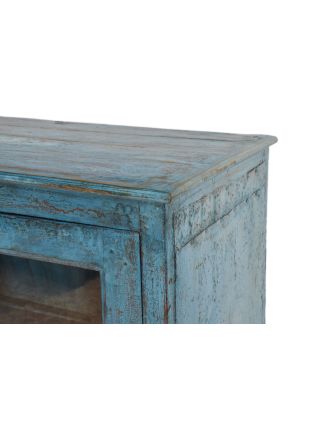 Prosklená skříň z teakového dřeva, tyrkysová patina, 86x46x111cm