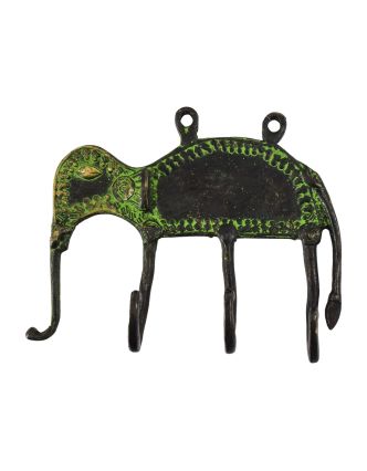 Věšák, slon, "Tribal art", mosaz, dva háčky, zelená patina, 15cm