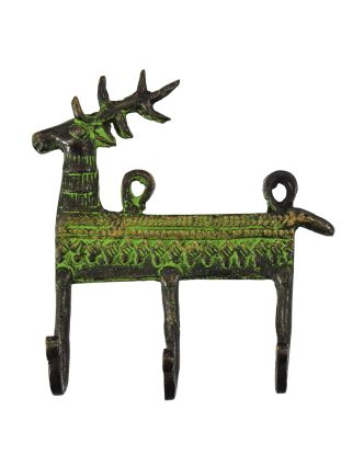 Věšáček "Tribal Art", jelen, zelená patina, mosaz, tři háčky, 21x3x11cm