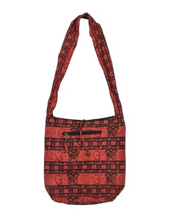 Červená taška přes rameno s potiskem mantry, kapsy, zip, 39x40cm
