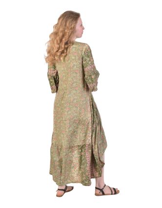 Dlouhé asymetrické šaty s krátkým rukávem a kapsami, růžovo-zelené s potiskem