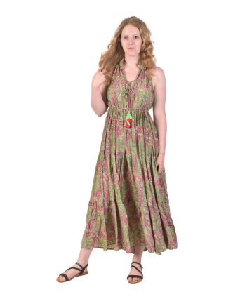 Dlouhé šaty s francouzským límcem a volánem, zeleno-růžové s paisley potiskem