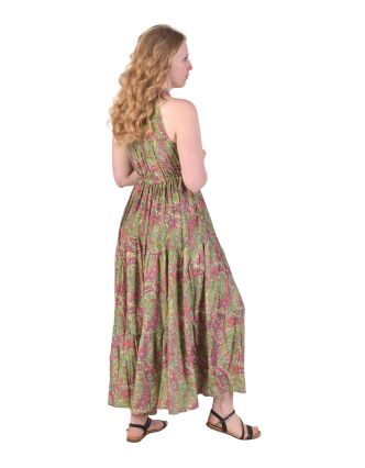 Dlouhé šaty s francouzským límcem a volánem, zeleno-růžové s paisley potiskem