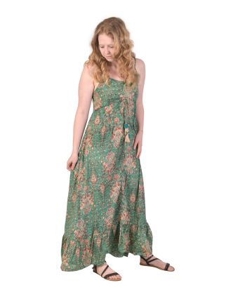 Dlouhé šaty na ramínka s volánem a kapsami, zelené s květinovým potiskem