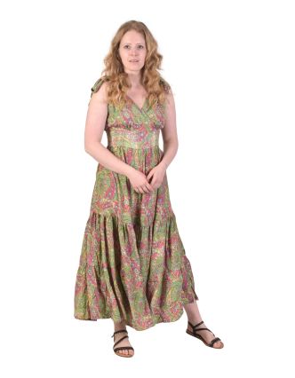 Dlouhé šaty na ramínka s volánem a kapsami, zeleno-růžové s paisley potiskem