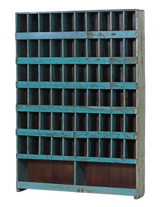 Knihovna z teakového dřeva, tyrkysová patina, 139x25x194cm