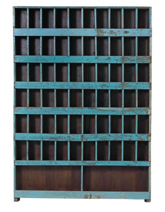 Knihovna z teakového dřeva, tyrkysová patina, 139x25x194cm