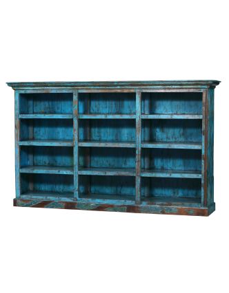 Knihovna z teakového dřeva, tyrkysová patina, 280x58x170cm