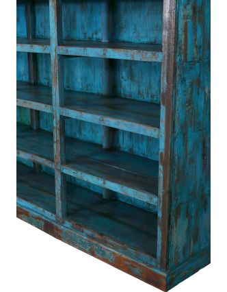Knihovna z teakového dřeva, tyrkysová patina, 280x58x170cm