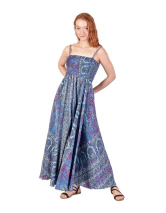 Dlouhé šaty na ramínka se žabičkováním, modré s paisley potiskem