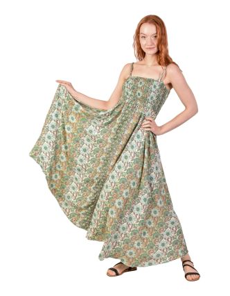Dlouhé šaty na ramínka se žabičkováním, zelené s květinovým potiskem