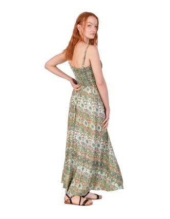 Dlouhé šaty na ramínka se žabičkováním, zelené s květinovým potiskem