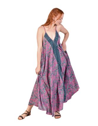 Dlouhé šaty na ramínka s kapsami, fialové s paisley potiskem