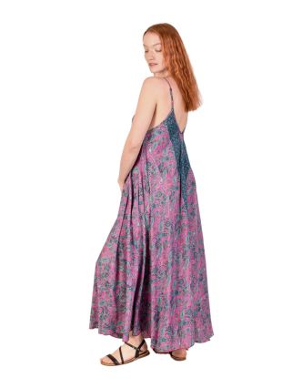 Dlouhé šaty na ramínka s kapsami, fialové s paisley potiskem