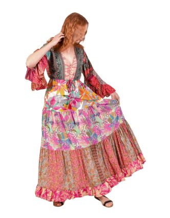 Dlouhé šaty s 3/4 volánovými rukávy, růžové s potiskem, šňůrka v pase