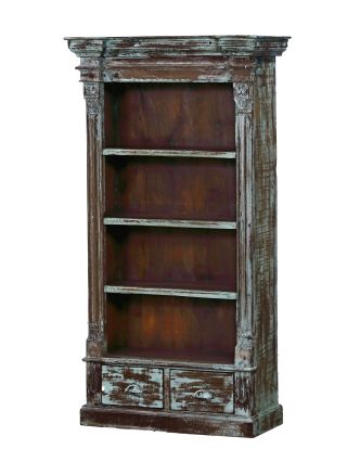 Knihovna z teakového dřeva, tyrkysová patina, 86x39x164cm