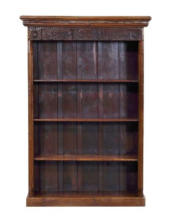 Knihovna z teakového dřeva, ruční řezby na starém trámu, 122x44x178cm