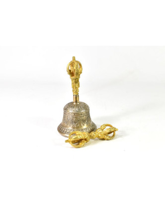 Tibetský zvon a dorje, zlato stříbrná barva, ornament, 16cm