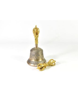 Tibetský zvon a dorje, zlato stříbrná barva, ornament, 18cm