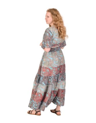 Dlouhé dvoudílné šaty s krátkým rukávem, modro-růžové, guma v pase, potisk