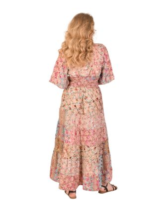 Dlouhé dvoudílné šaty s krátkým rukávem, růžovo-béžové, guma v pase, potisk