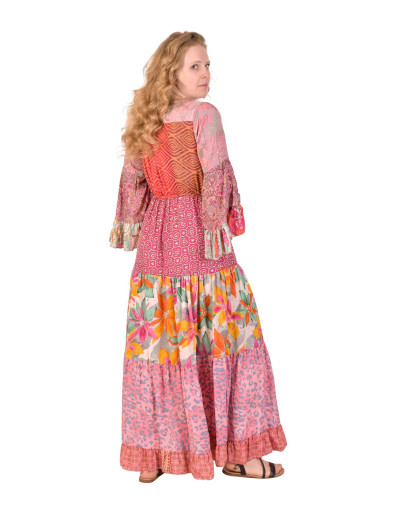 Dlouhé šaty s 3/4 volánovými rukávy, růžové s potiskem, šňůrka v pase