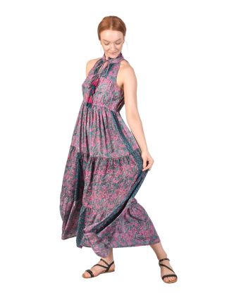 Dlouhé šaty s francouzským límcem a volánem, fialové s paisley potiskem