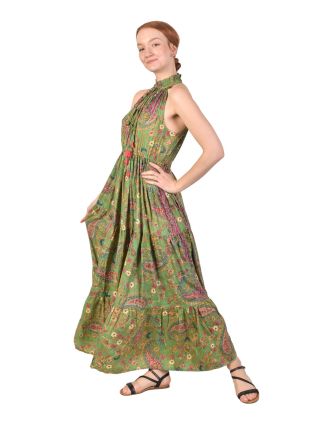 Dlouhé šaty s francouzským límcem a volánem, zelené s květinovým potiskem
