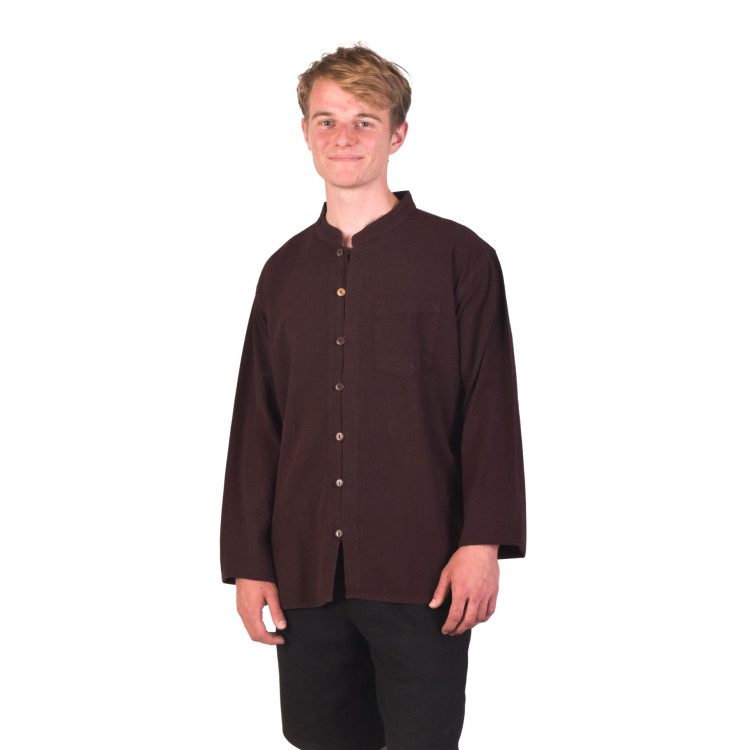 Hnědá pánská košile-kurta s dlouhým rukávem a kapsičkou, celorozepínací