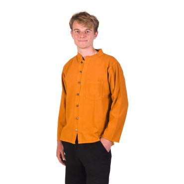 Hořčicová pánská košile-kurta s dlouhým rukávem a kapsičkou, celorozepínací