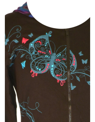 Černo-tyrkysová mikina s kapucí zapínaná na zip, "Butterfly design", kapsy