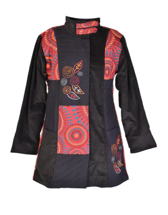 Černo červený manžestrový kabátek, Mandala tisk a výšivka, zapínání na zip