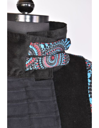 Černo-modrý manžestrový kabátek, Mandala tisk a výšivka, zapínání na zip