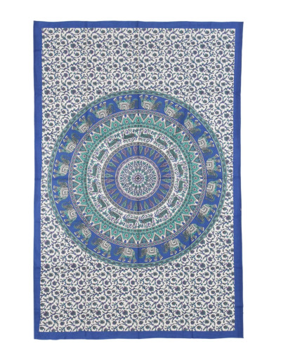 Přehoz na postel s tiskem, modro-černý, sloni a jeleni, mandala, 130x210cm