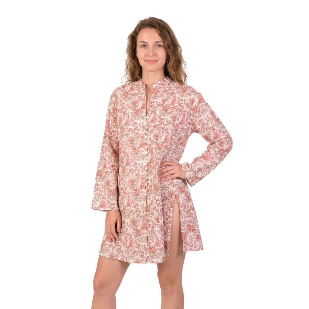 Krátké šaty s dlouhým rukávem, propínací, s růžovým potiskem květin L/XL , Růžová 