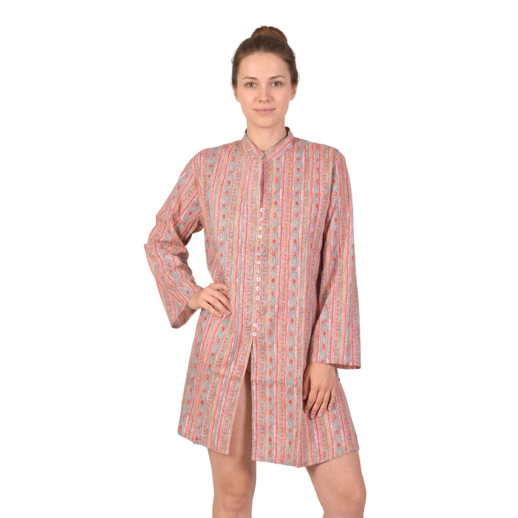 Krátké šaty s dlouhým rukávem, propínací, s barevným potiskem L/XL , Růžová 
