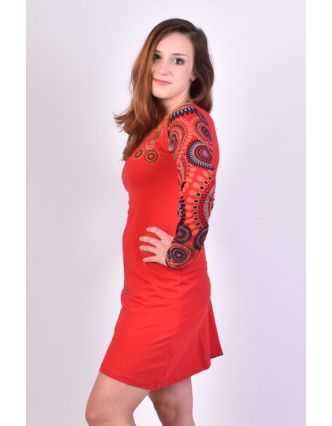 Červené šaty s dlouhým rukávem, Sun design, kulatý výstřih, potisk a výšivka