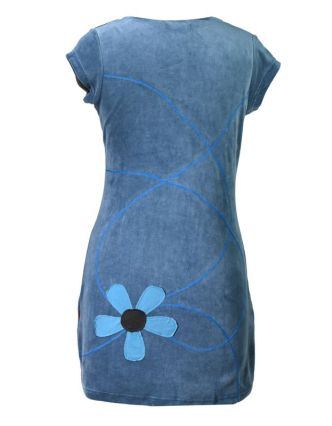 Krátké sametové šedé šaty krátkým rukávem, aplikace barevné květiny